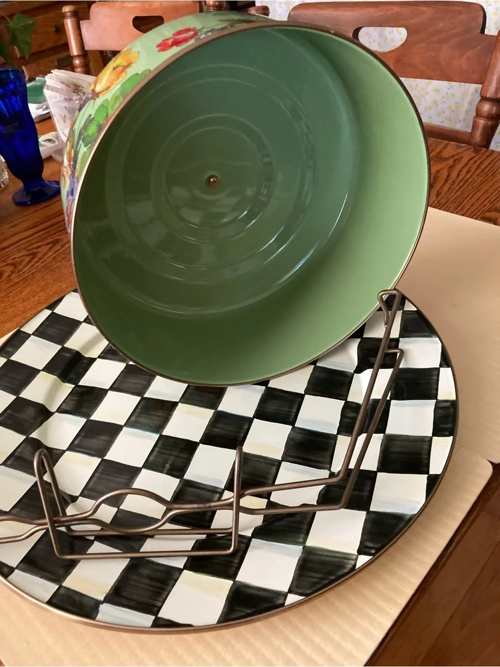 MacKenzie-Childs Floral Mint Cake Dome with Checker Plate